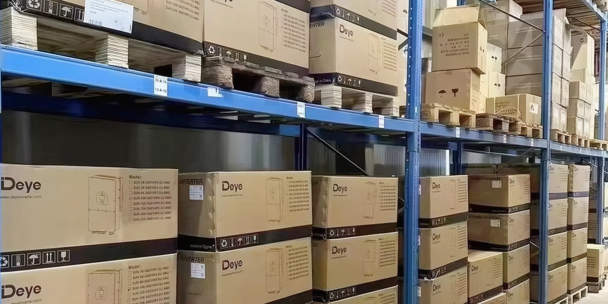 Deye inverter warehouse and storage facility – showing stocked inventory of Deye hybrid inverters and components, ready for prompt global shipping and fast delivery to support time-sensitive solar projects